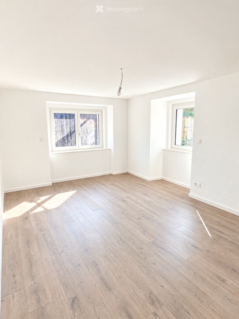 Empty room with light wooden flooring and white walls, featuring two windows and a single ceiling light fixture.