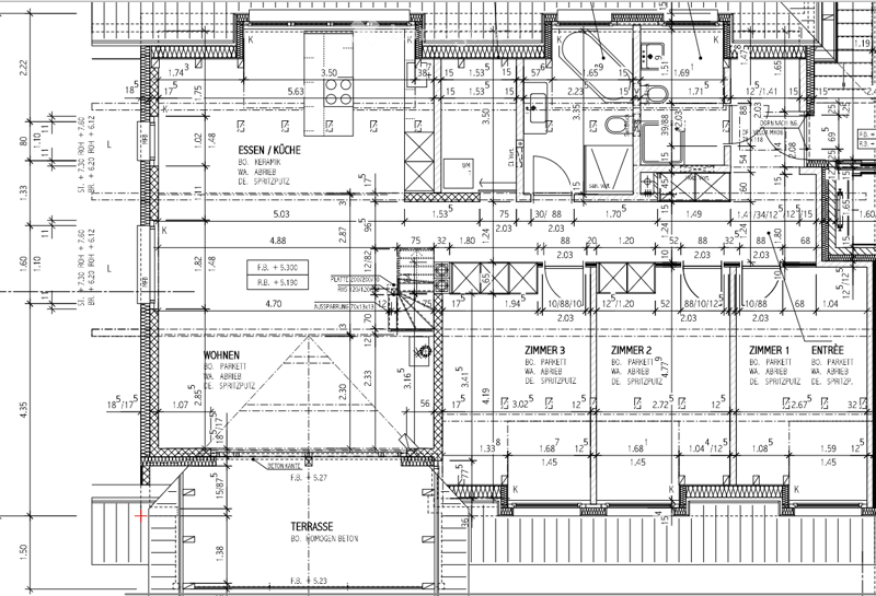 Floor plan of a residential space with labeled rooms including a kitchen, living area, three bedrooms, entrance, and a terrace.