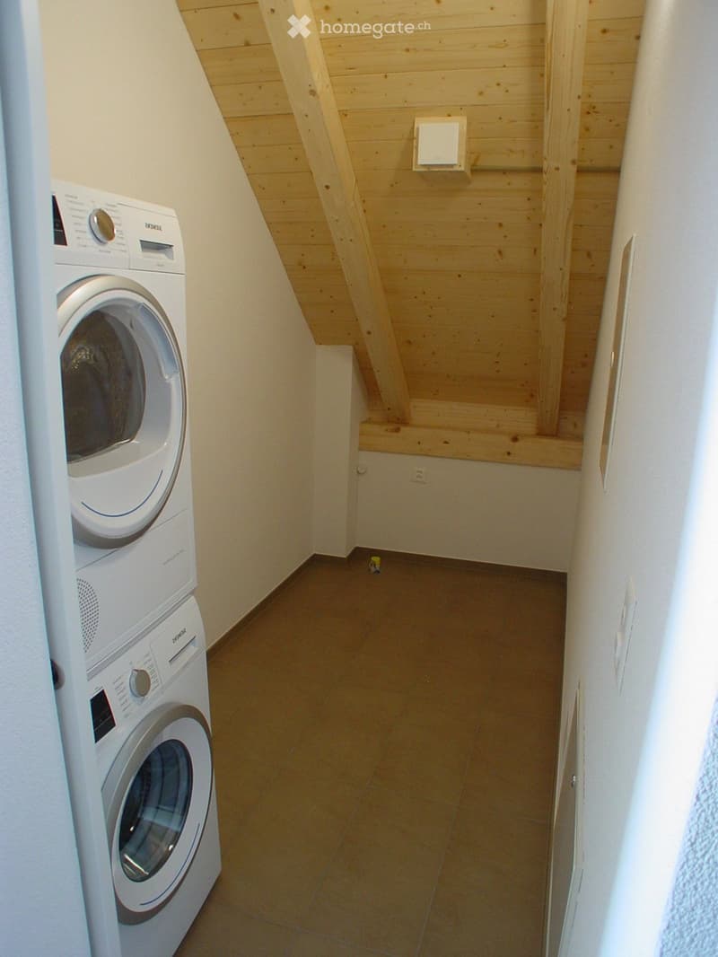 A narrow hallway with wooden slanted ceiling and tiled floor, featuring a stacked washing machine on the left side.