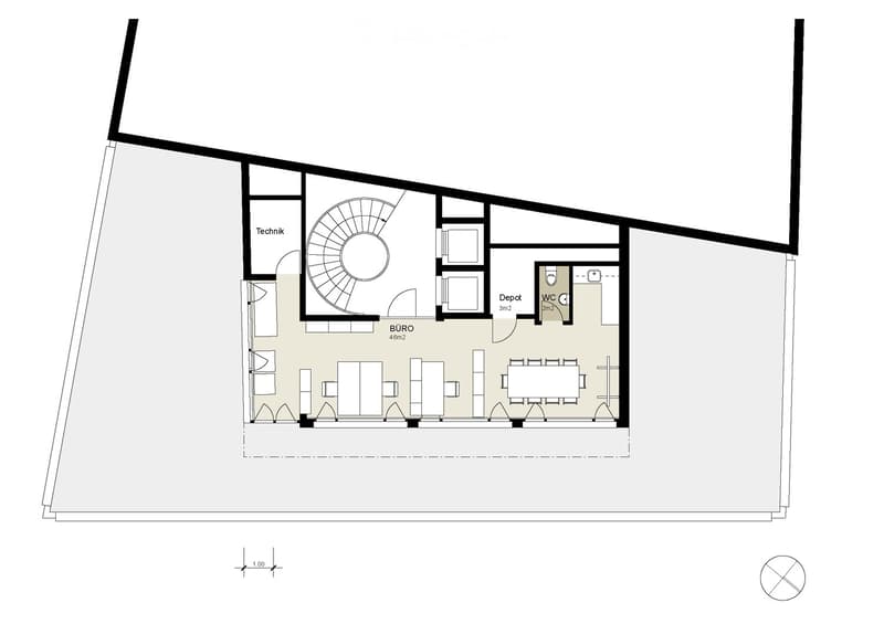 Floor plan showing a layout with a living area, dining area, office, WC, and storage space.