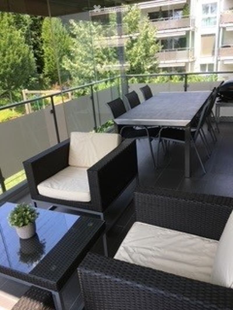 Balcony with modern outdoor furniture including wicker chairs, a table, and a small potted plant.