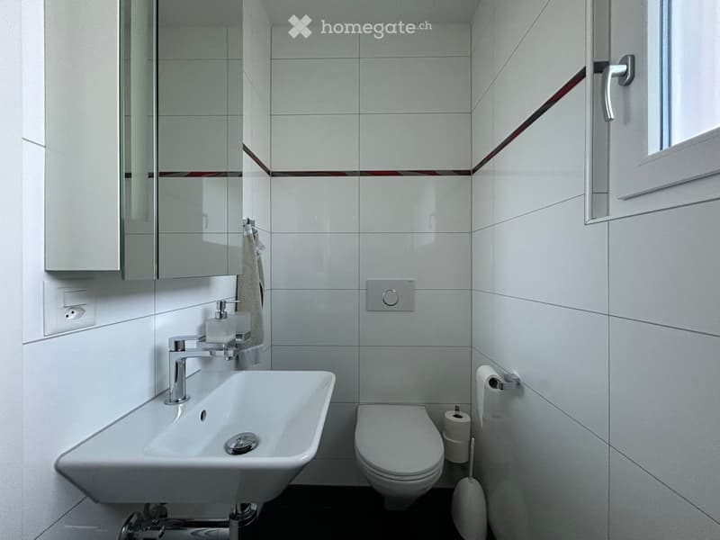 Modern bathroom with white tiles, a sink, toilet, mirror, and cabinet. Includes a towel, toilet paper, and a toilet brush holder.