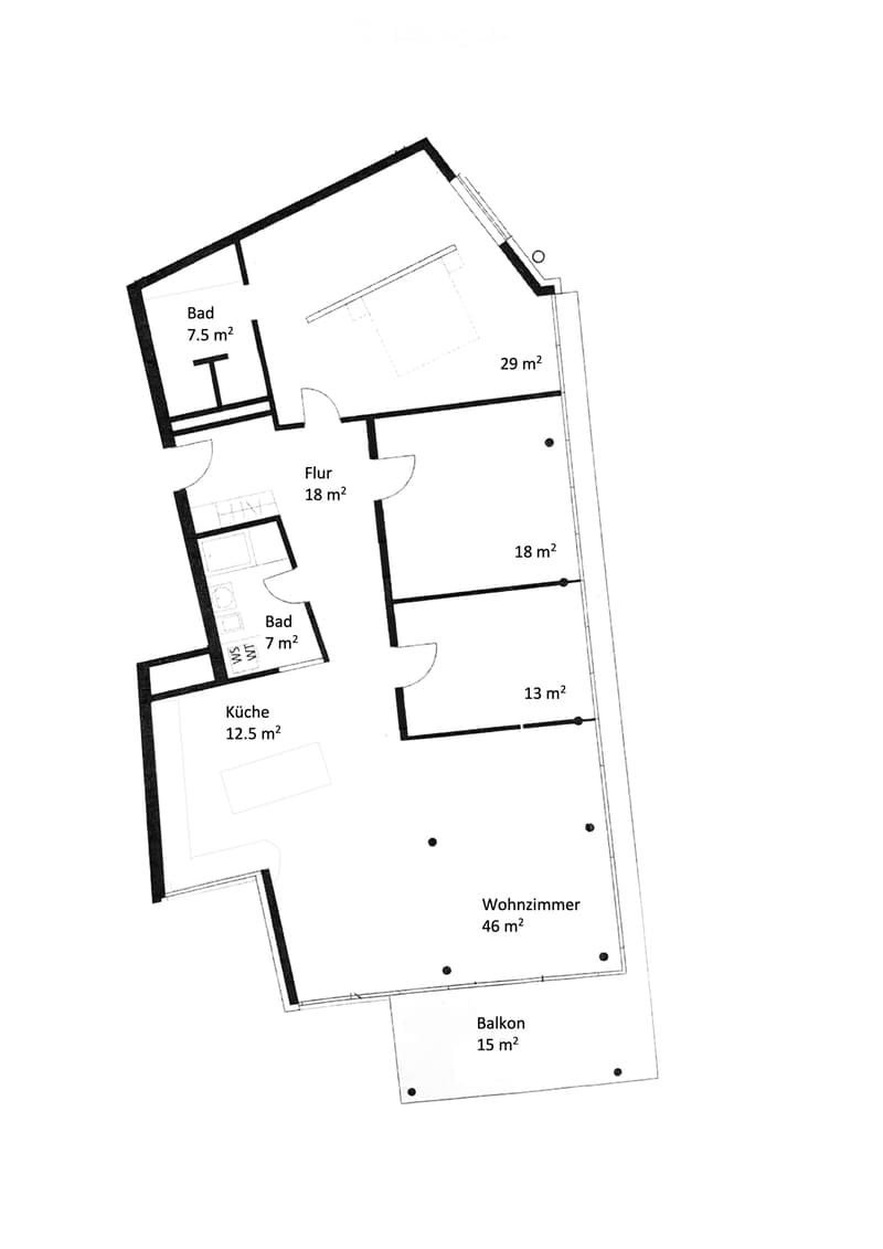 Floor plan showing a living room (46 m²), kitchen (12.5 m²), two bathrooms (7.5 m² and 7 m²), hallway (18 m²), and balcony (15 m²).