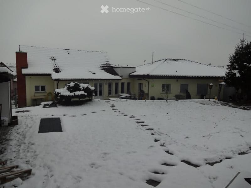Snow-covered yard in front of a house with a red chimney, surrounded by other houses and trees.