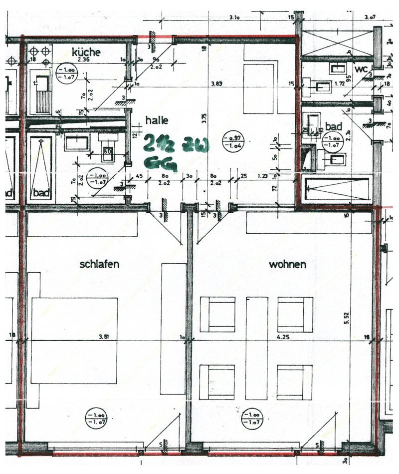 Floor plan of a residential space with labeled rooms: kitchen, hallway, bathroom, bedroom, and living area. Dimensions and measurements are indicated throughout.