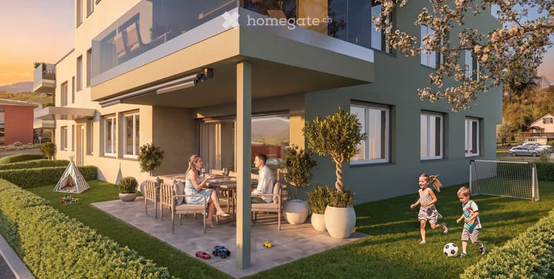 Family enjoying a modern outdoor patio area with a dining set, potted plants, and children playing on the lawn with toys and a soccer ball.