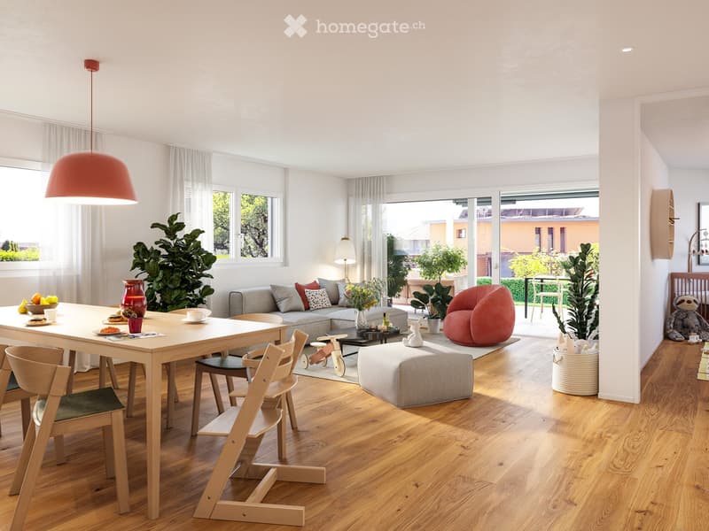 Bright, modern living and dining area with wooden flooring, large windows, and a sliding glass door leading to a patio. Features a grey sectional sofa, a round pink pouf, a wooden dining table with chairs, and various decorative items including plants and