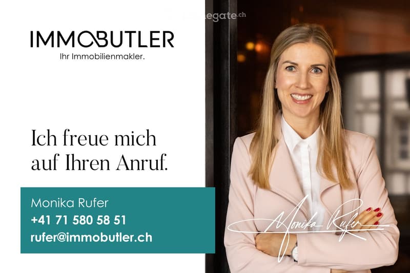 Professional advertisement for an real estate agent, featuring a woman in a pink blazer and white shirt, with contact details and a signature.