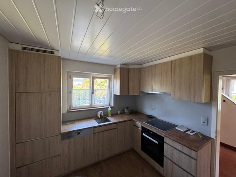 Modern kitchen with light wood cabinets, stainless steel appliances, and a large window overlooking greenery.