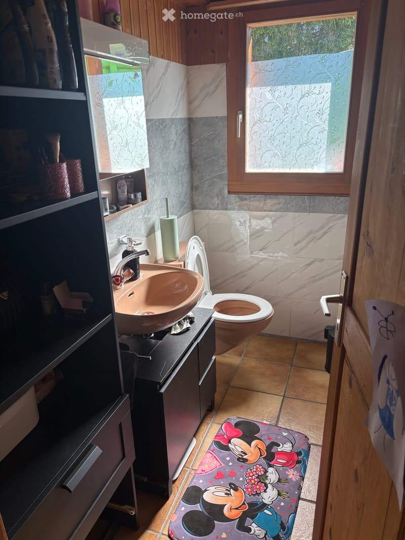 Bathroom with a sink, toilet, and wooden cabinet. The sink has a modern faucet and a countertop. A Mickey Mouse-themed bath mat is on the floor.