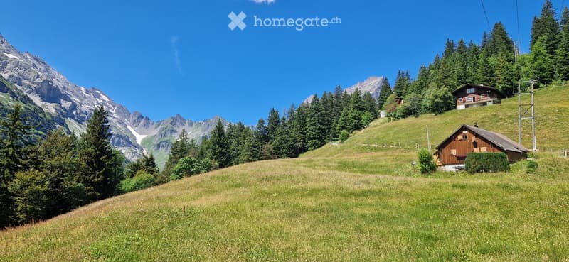 A serene mountain landscape with a grassy field, scattered trees, and two small wooden houses nestled among the trees.