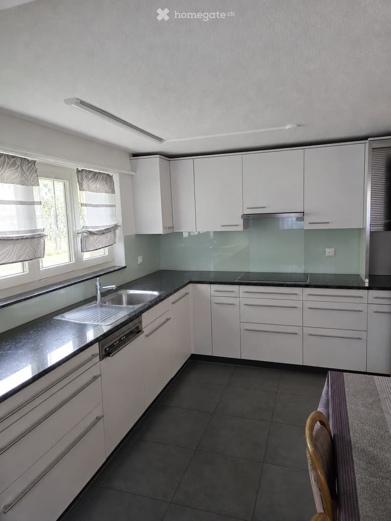 Modern kitchen with white cabinets, black countertops, stainless steel sink, and dishwasher. Features large windows with patterned blinds and a sleek design.