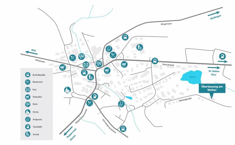 Map showing the location of various amenities and services in a town, including bus stops, restaurants, post office, shops, banks, churches, doctor's offices, gas stations, and schools. The map also indicates a construction area near Weier.