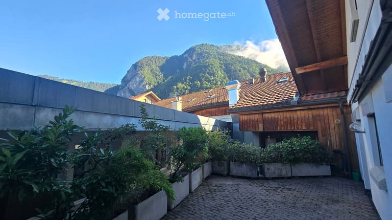 Courtyard with potted plants, brick pavement, and surrounding buildings with wooden facades and tiled roofs, overlooking a mountain landscape.