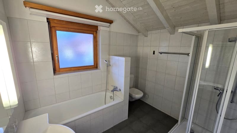 Modern bathroom with a bathtub, toilet, and walk-in shower. Features a large window with wooden frame and blinds, tiled walls, and a sleek design.