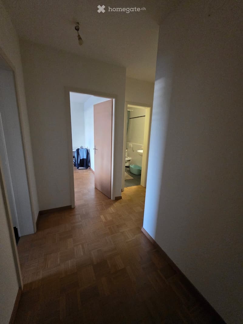 A narrow hallway with wooden flooring and light-colored walls, leading to a partially visible bathroom and another room with a covered object on the floor.