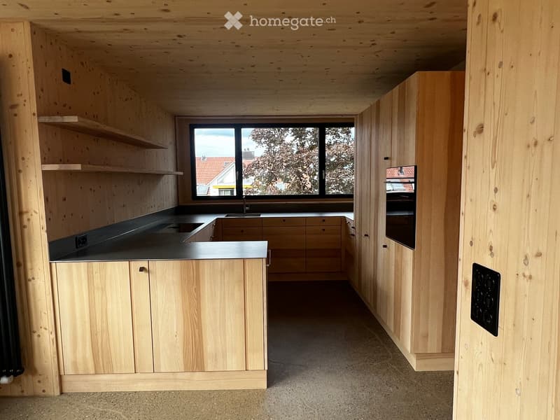 Modern kitchen with light wooden cabinets, black countertop, sink, and shelves. Large window provides natural light.