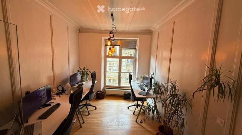 Bright, well-lit room with wooden flooring, two desks, two chairs, laptops, monitors, keyboards, mice, fans, and potted plants near the window.
