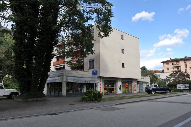 Modern multi-story building with a storefront labeled 'MONICA' and 'OPTICAL SUN' on the ground floor, surrounded by trees and parked cars.