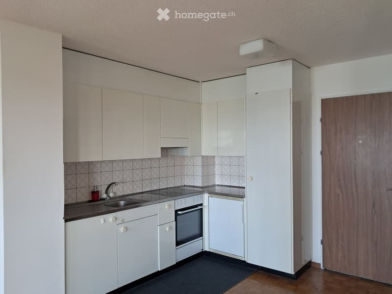 Modern kitchen with white cabinets, stainless steel sink, oven, and refrigerator. Features a dark countertop and tiled backsplash.