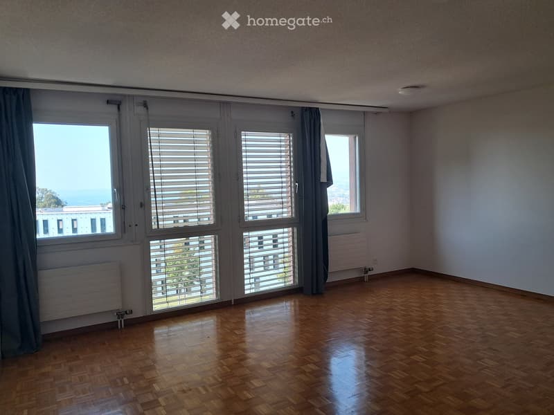 Empty room with wooden flooring, large windows with blinds, and radiators on the walls.