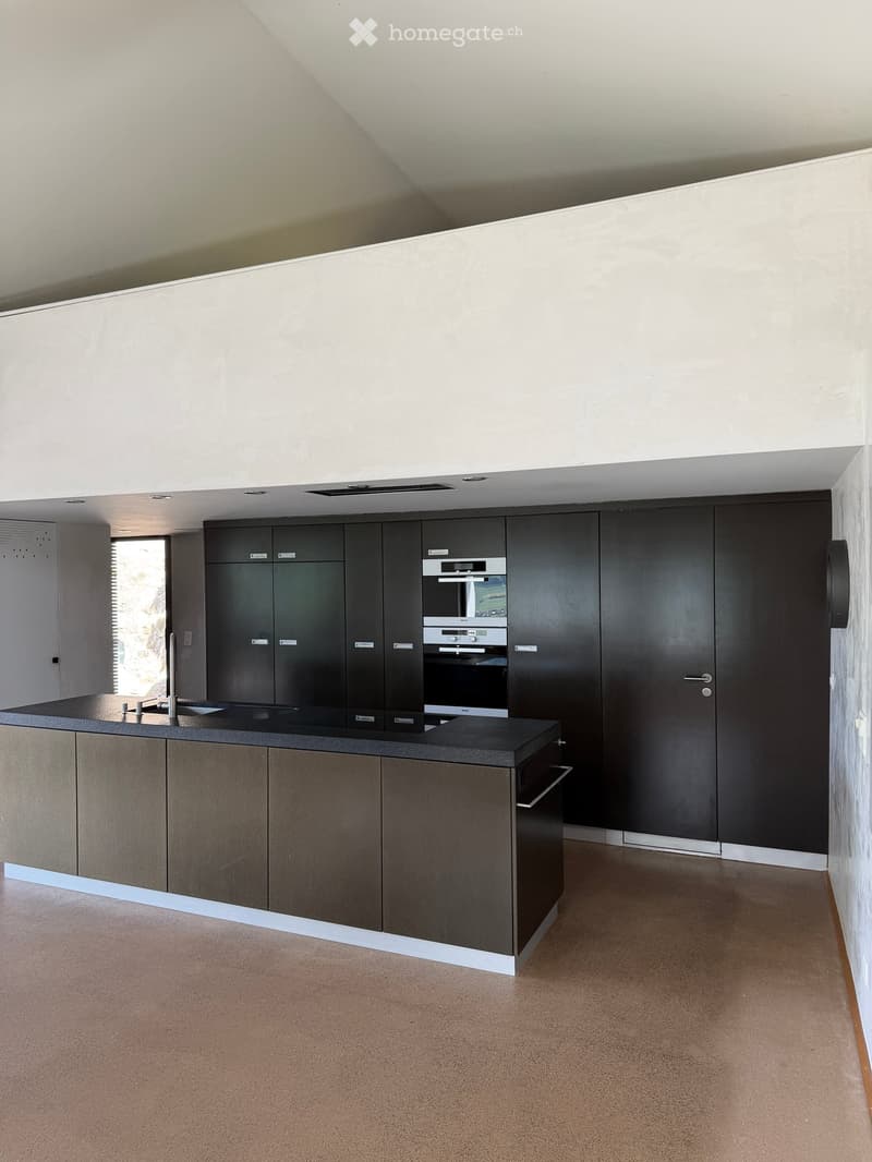 Modern kitchen with dark cabinets, a central island, and built-in appliances including an oven and sink.