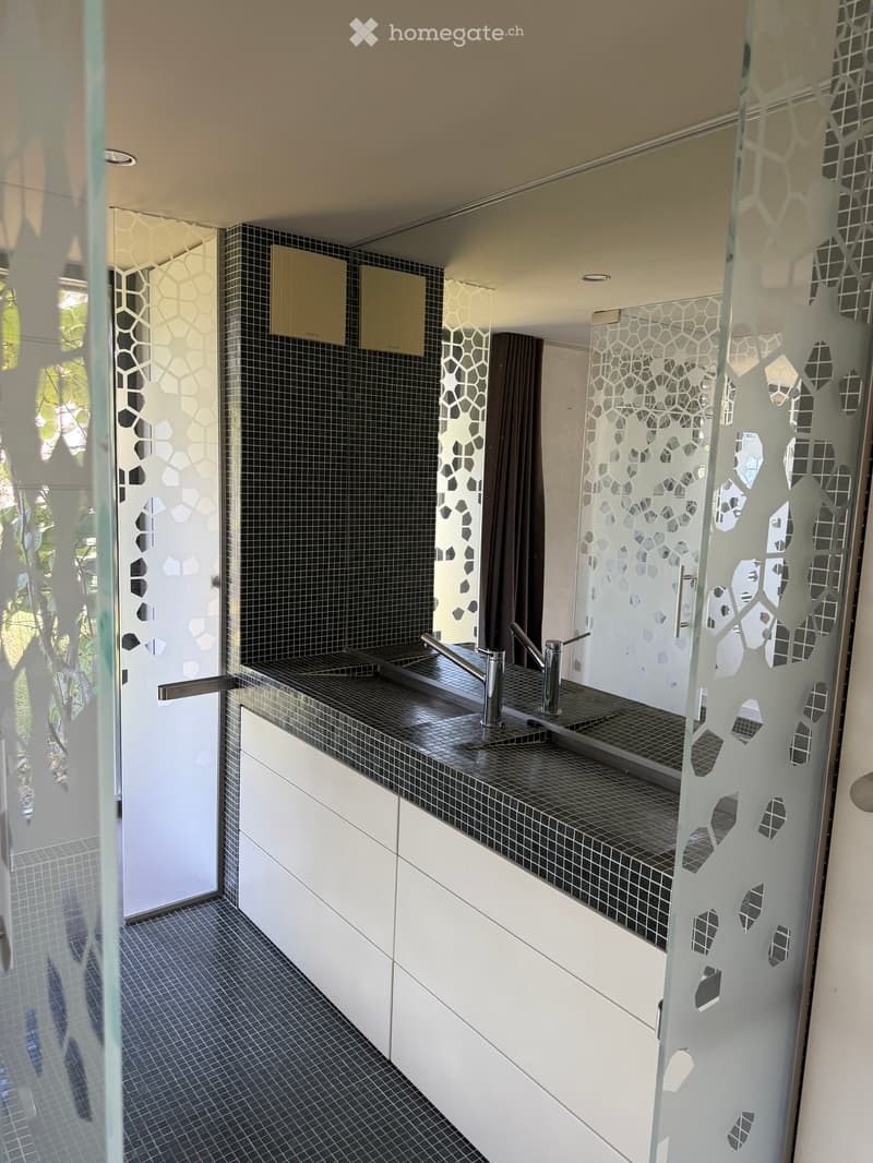 Modern bathroom with dark tiled walls and white cabinets, featuring a double sink with chrome faucets and a decorative glass partition.