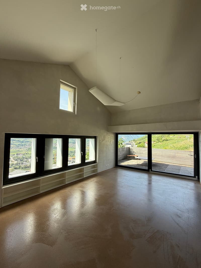 Empty room with wooden floor, large windows, and a view of the landscape. No furniture or equipment present.