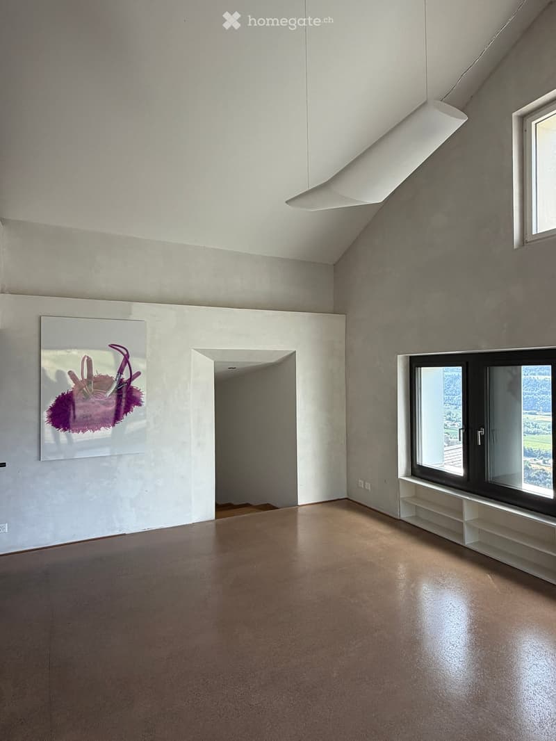Empty room with concrete walls, polished concrete floor, large window, and modern lighting fixture.
