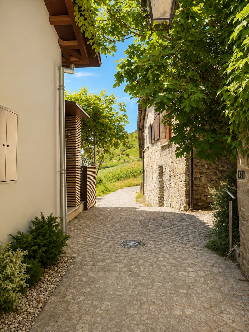 A cobblestone pathway flanked by stone walls and greenery, leading to a rural landscape with trees and hills under a clear blue sky.