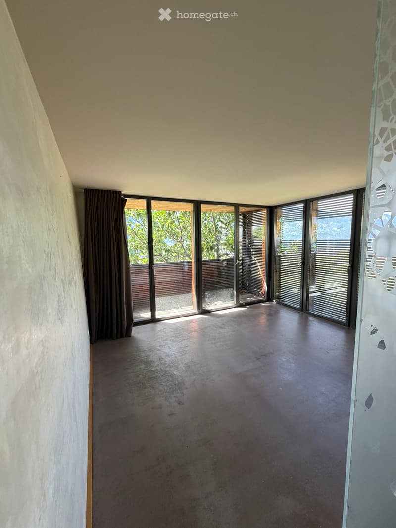 An empty room with a concrete floor, large glass sliding doors leading to an outdoor area, and a dark curtain on one wall.