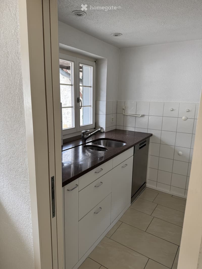 Modern kitchen with white cabinets, dark countertop, double sink, and built-in dishwasher. Light-colored tiled walls and floor.