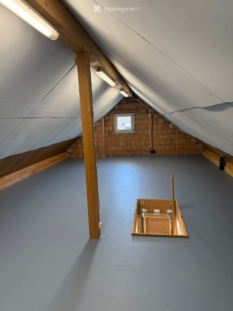 Empty attic space with wooden beams, grey flooring, and a small window at the far end. A built-in storage compartment is visible on the floor.