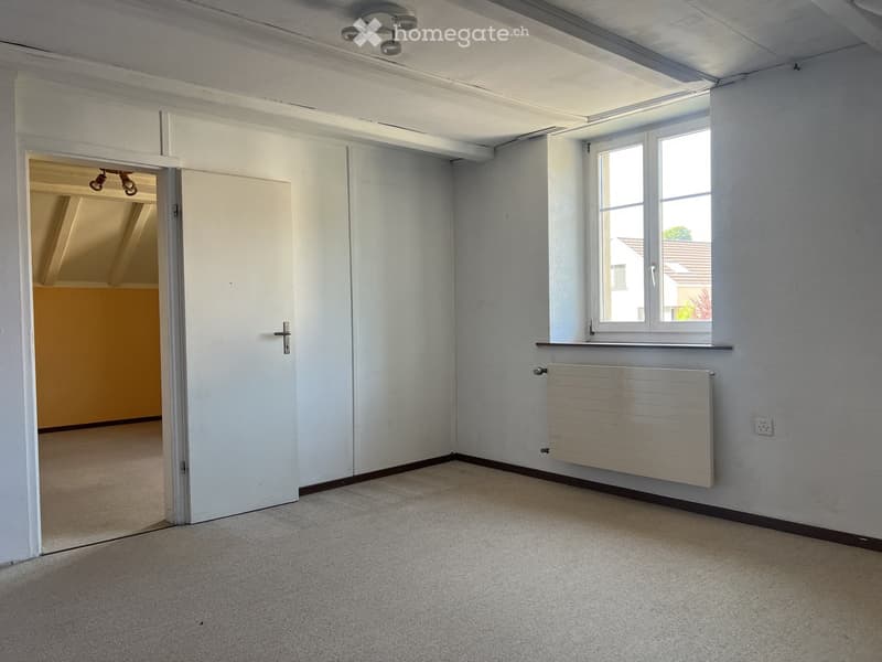 Empty room with light grey walls, carpeted floor, white door, window with radiator, and visible ceiling lights.