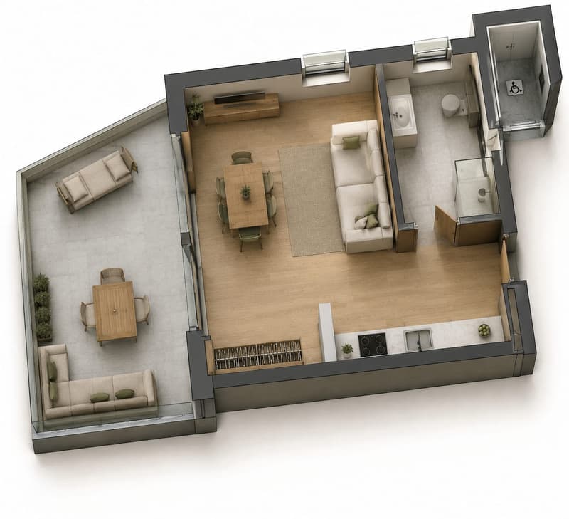 Layout of a modern apartment featuring a living room, dining area, kitchen, bathroom, and balcony. Includes seating areas, dining table, and kitchen appliances.