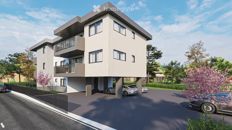 Modern two-story building with balconies, garage, and parking area.