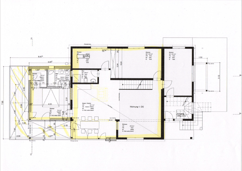 Floor plan of a residential building showing multiple rooms, including living spaces, bedrooms, and a kitchen, with labeled dimensions and room functions.