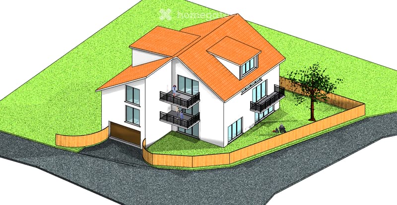 3 story house, white exterior, orange roof, garage, 3 balconies