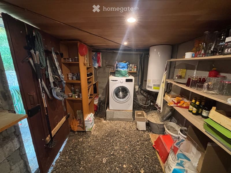 Utility room with a washing machine, shelves holding tools, jars, and bottles, and a concrete floor.