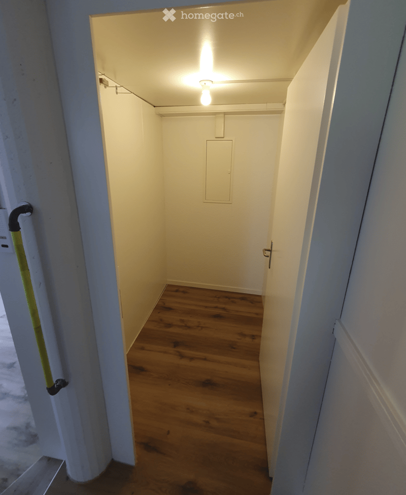 Empty hallway with wooden flooring, white walls, and a single light fixture on the ceiling. A broom is visible on the left side.
