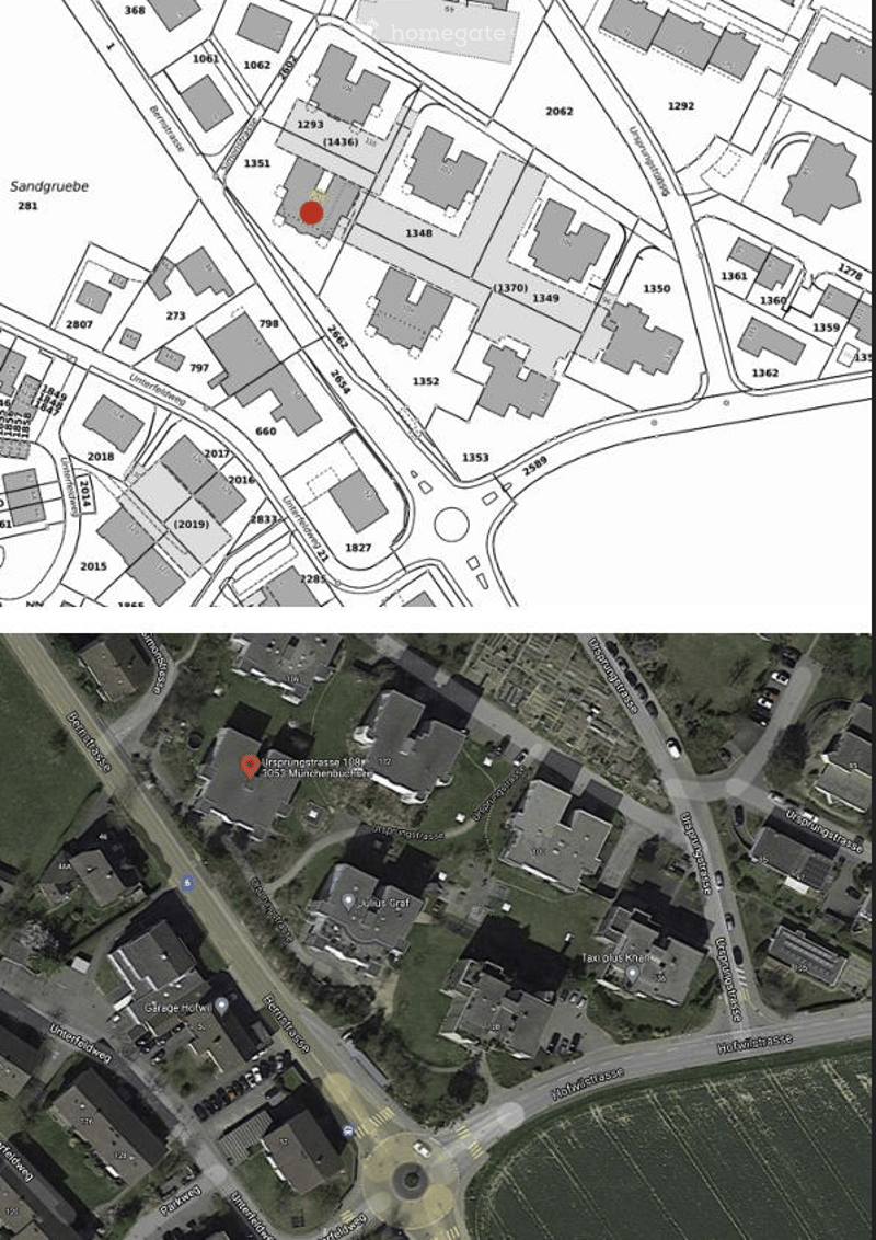 Topographic map showing a residential area with numbered buildings and streets. The bottom image is a satellite view of the same area, highlighting specific buildings and roads.