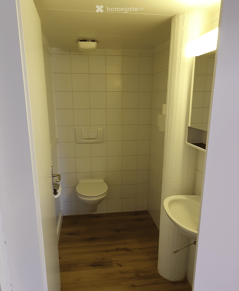 Modern bathroom with white tiled walls, wooden floor, toilet, sink, and mirror.