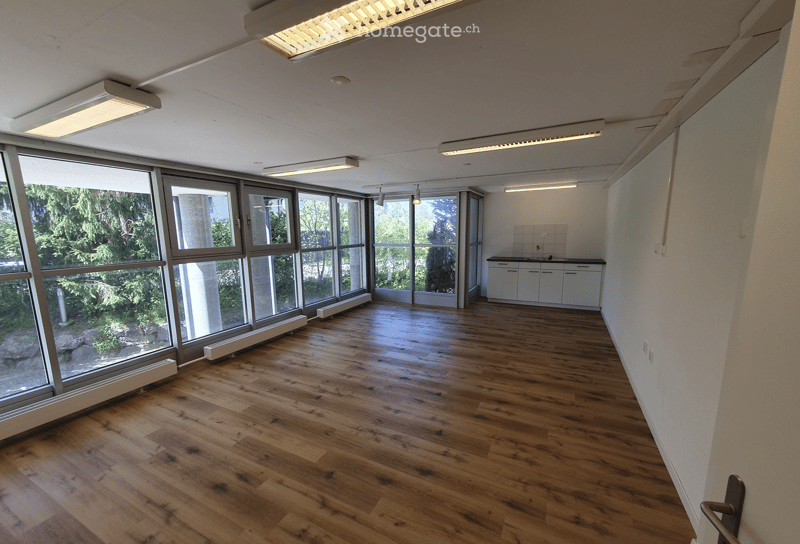 Empty room with wooden flooring, large windows, and a small kitchenette area with cabinets and sink.