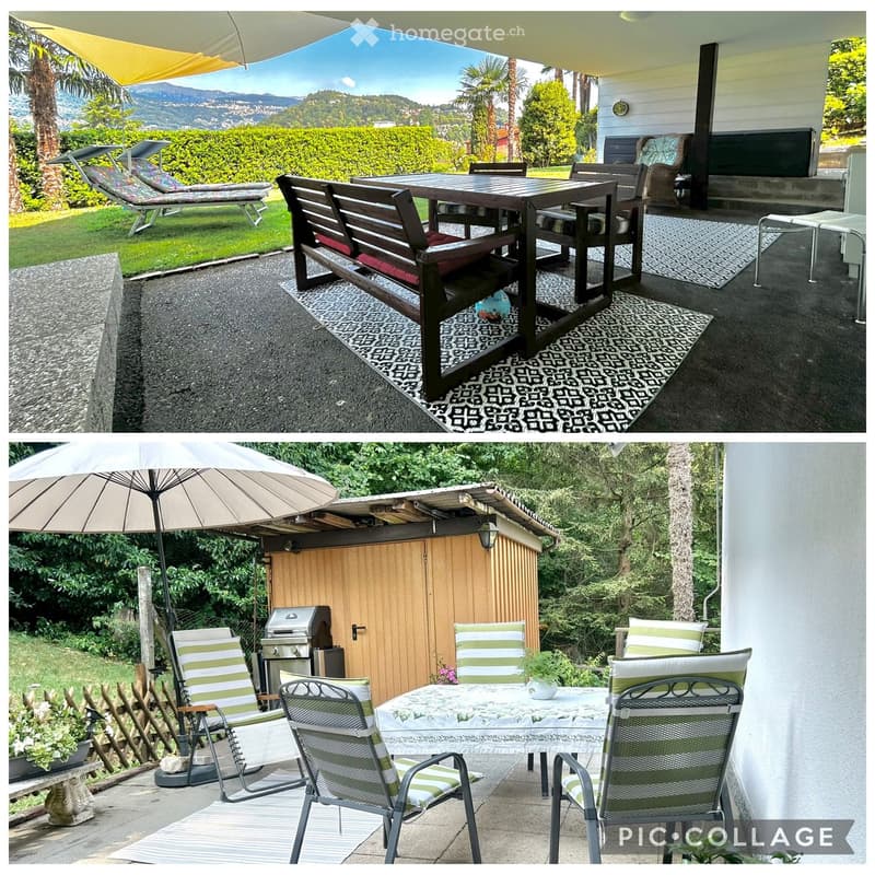 Two outdoor spaces: one with a wooden table, benches, and lounge chairs under a canopy, and another with a patio table, chairs, and a grill, surrounded by greenery and a scenic mountain view.
