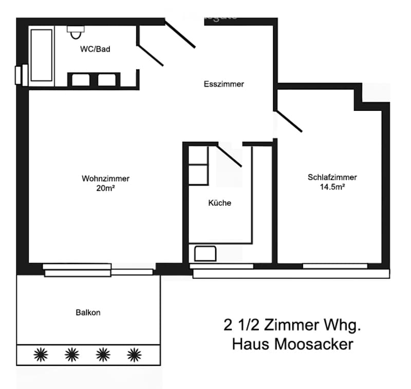 Floor plan of a 2.5-room apartment with a living room, kitchen, bedroom, bathroom, and balcony.