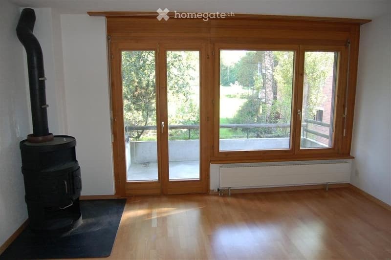 Empty room with wooden flooring, large glass doors leading to a balcony, and a black wood-burning stove with a chimney.