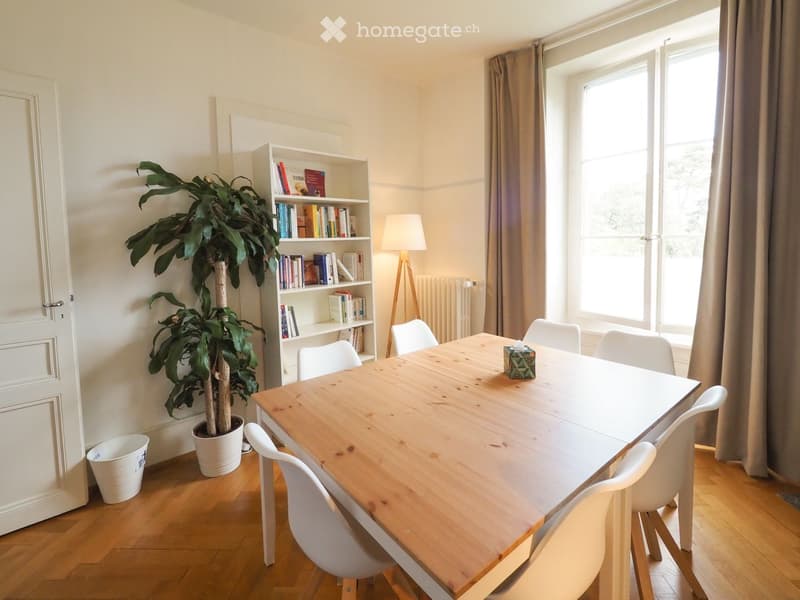 Bright dining area with wooden table, white chairs, bookshelf, potted plant, and floor lamp near large window.