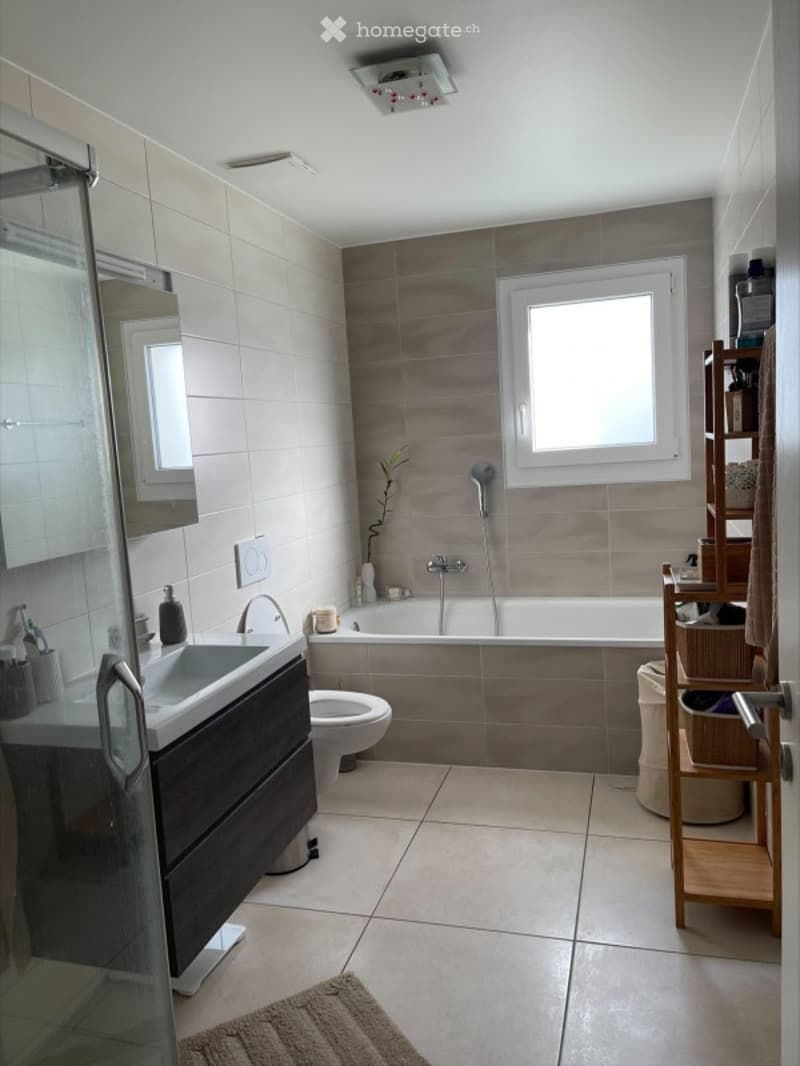 Modern bathroom with a white sink, dark wooden cabinet, toilet, bathtub, showerhead, and a small plant on the edge of the tub. A mirror is mounted on the wall, and a wooden shelf holds various items.