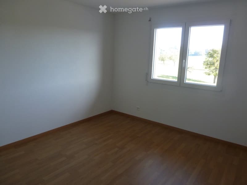 Empty room with wooden flooring and white walls, featuring a large window with white frames that offers a view of the outdoors.