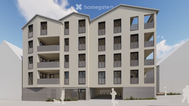 Modern multi-story residential building with balconies, large windows, and a covered parking area.
